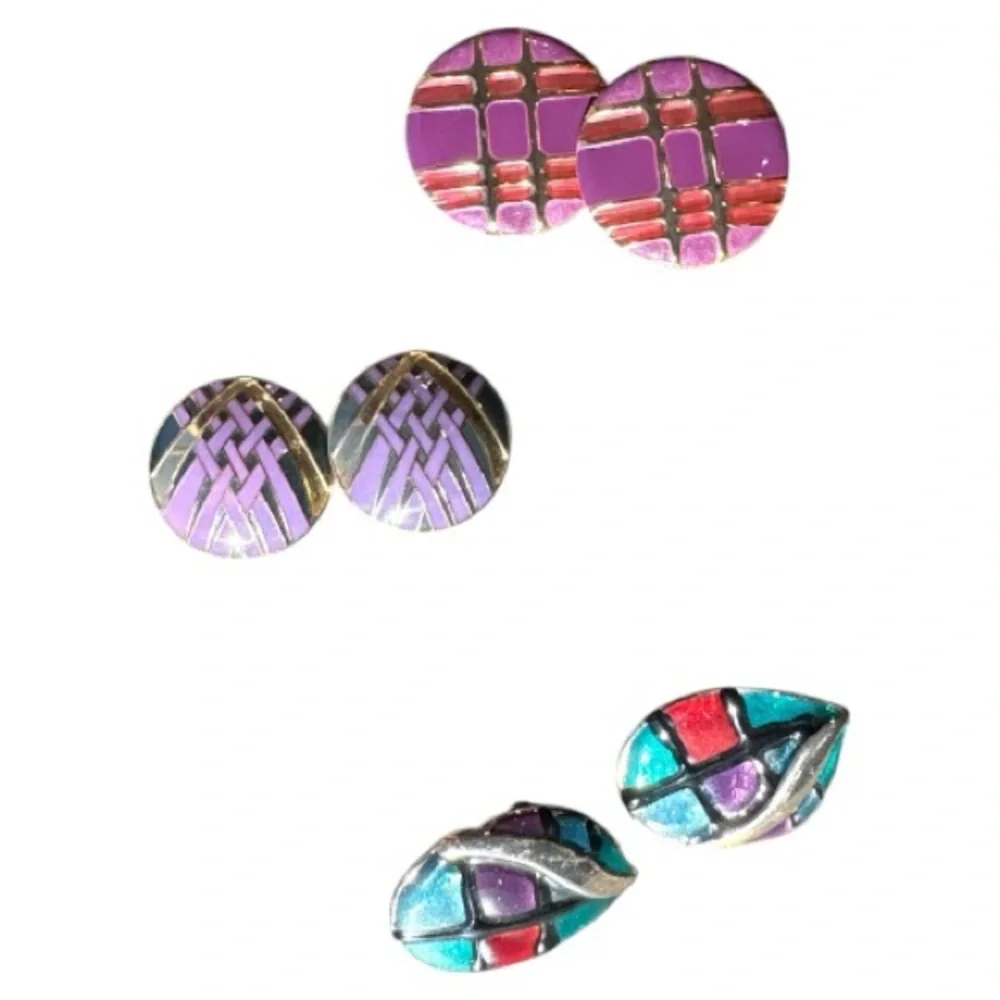 Lot of 3 Vintage 80s Enamel Metal Pierced Earrings Includes 1 Pair by Dani